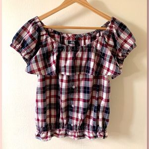 Vintage 1990s Ryu Ryu Red Navy Plaid Ruffle Top